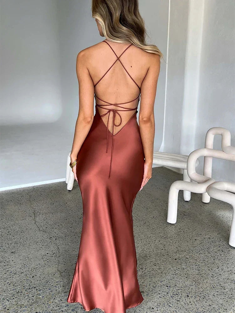 Satin Backless Lace Up Mermaid Silk Dress - View 2