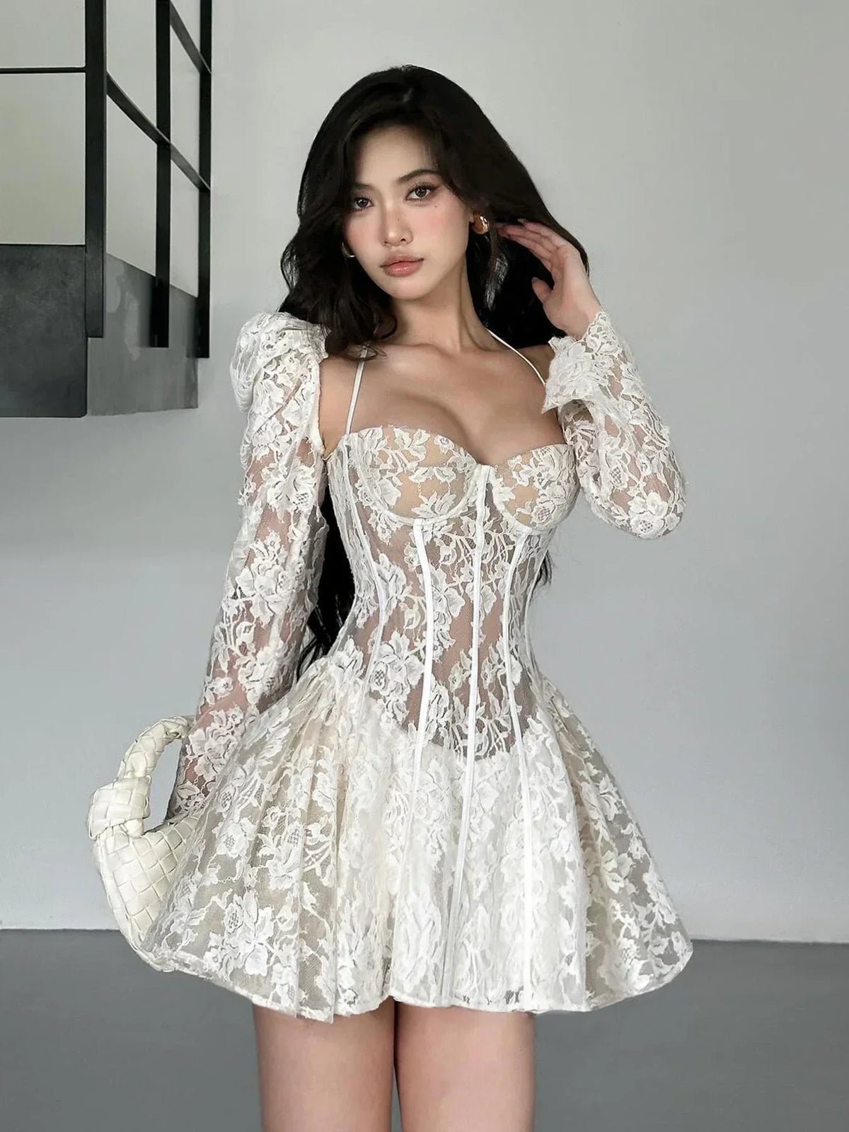 A-Line Backless Puff Sleeve Mini Lace Dress in WHITE