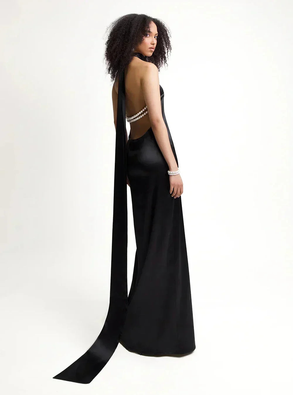 Satin Halter Neck Backless Pearl Strap Maxi Gown - View 15
