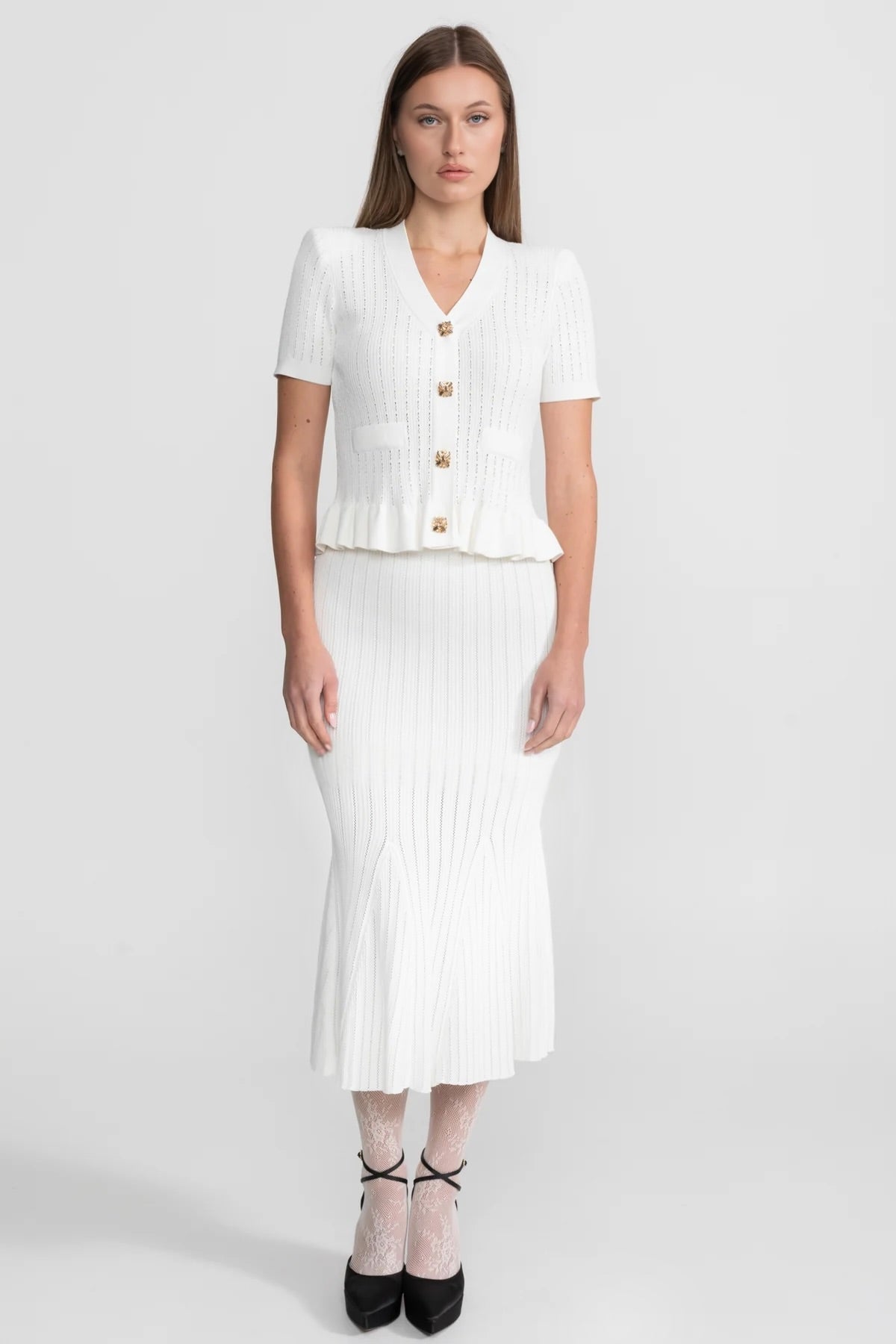 Knit Midi Co-Ord with Peplum Waist and Gold Buttons  – White