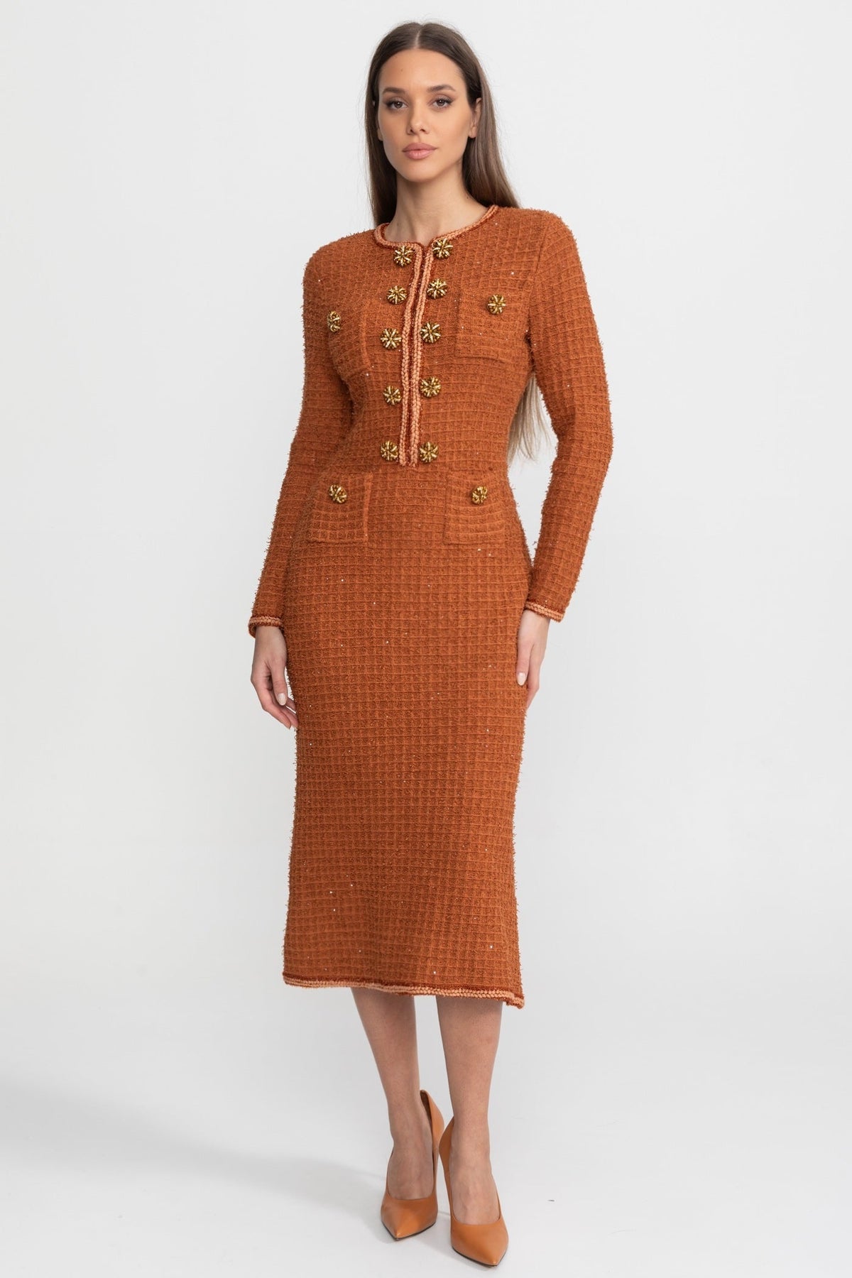 Tweed Braided Trim Rhinestone Sunburst Button Sheath Midi Dress