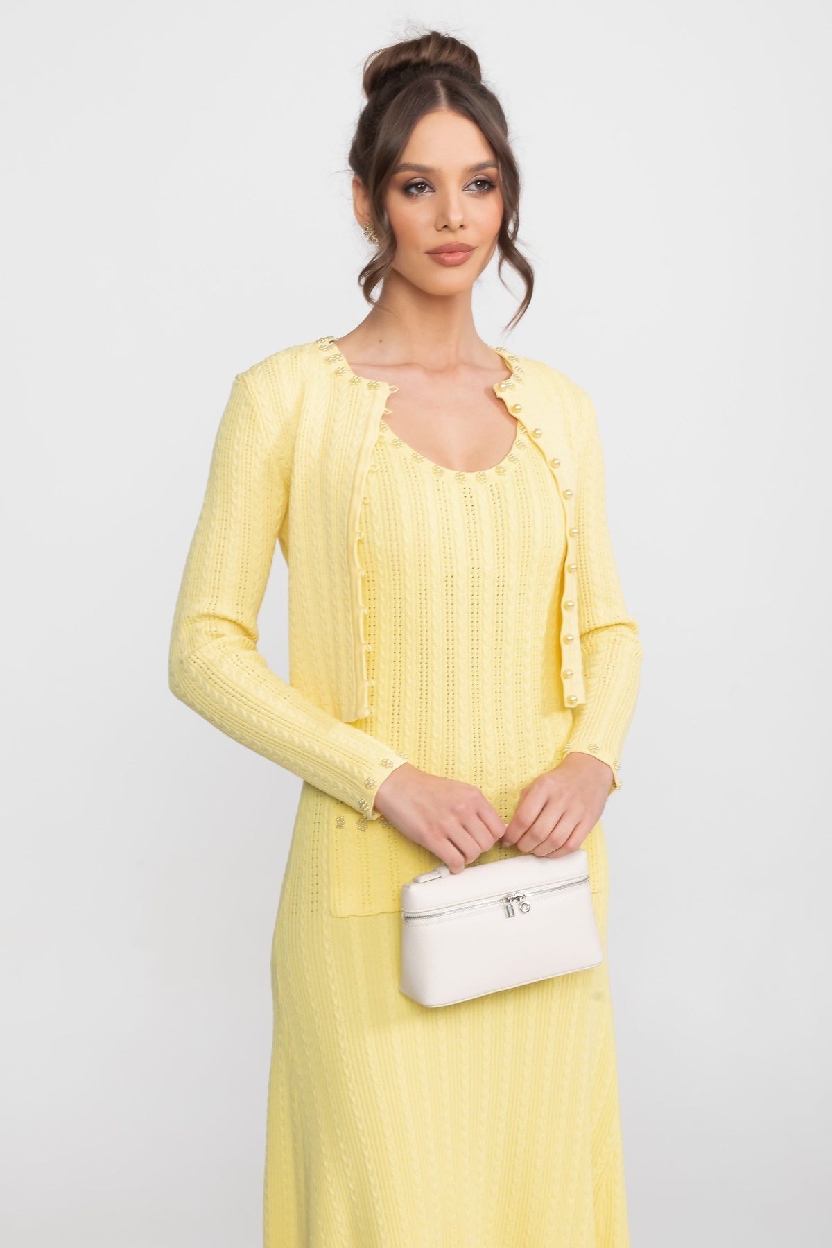 Ribbed Pointelle Pearl Button Cropped Cardigan Sleeveless Midi Dress Two-Piece Set - View 8