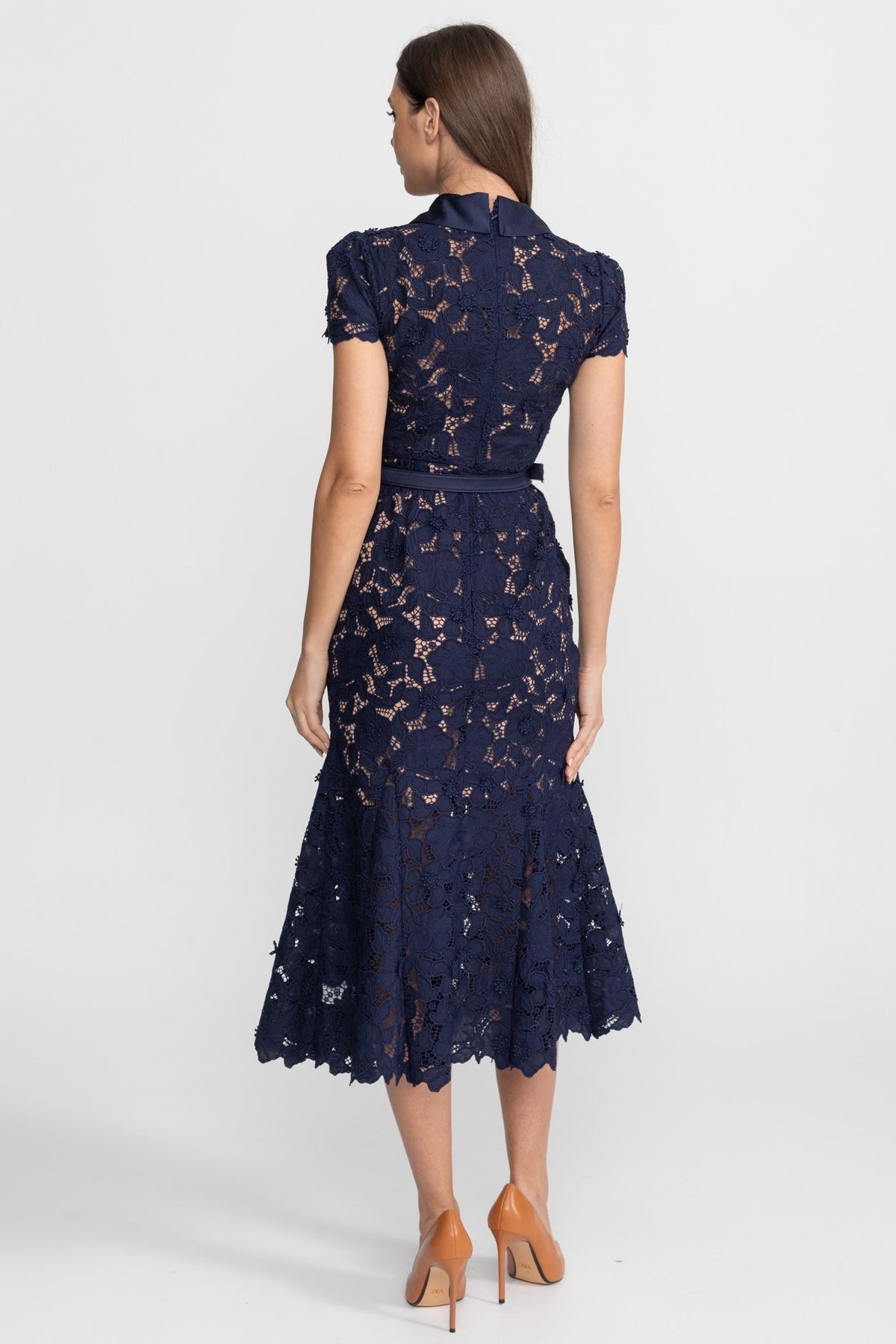 Lace Midi Dress with Belted Waist and Collared Neckline – Navy - View 5