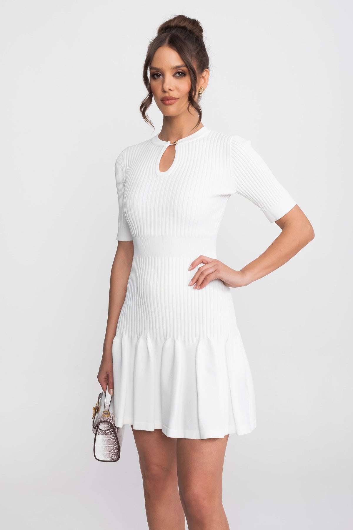 Ribbed Knit Mini Dress With Gold Button Keyhole Neckline - White - View 5