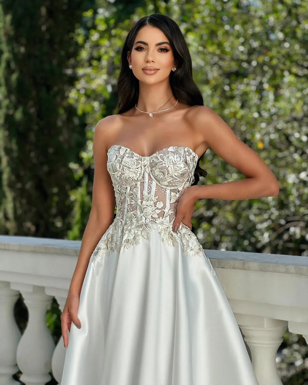 Satin Strapless Floral Applique Corset Ball Gown - View 3