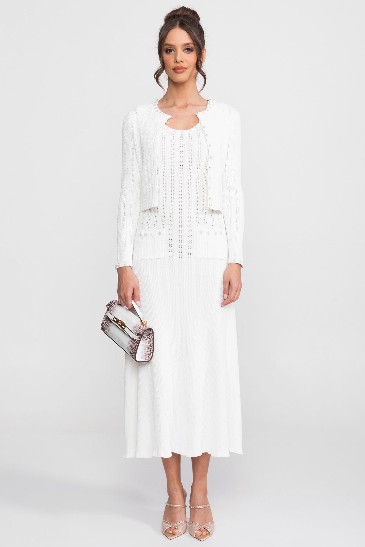Ribbed Pointelle Pearl Button Cropped Cardigan Sleeveless Set