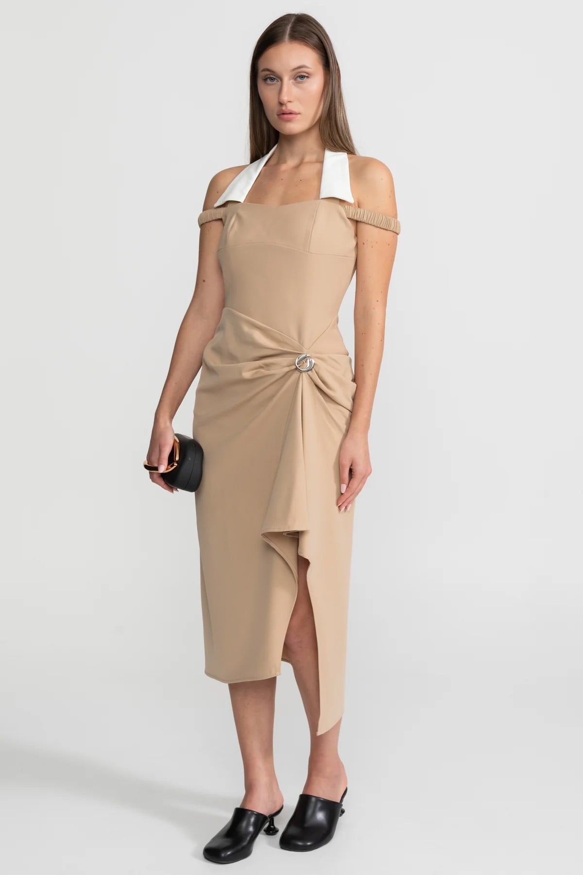 Draped Halter Midi Dress With Asymmetric Drape Detail – Nude - View 3