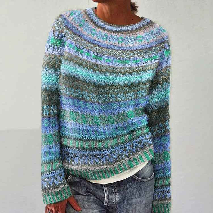 Crew Neck Long Sleeve Fair Isle Knit Sweater 2