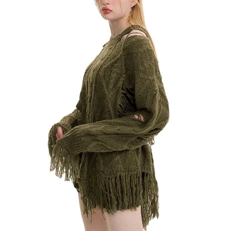 Loose Fitting Torn Knit Sweater green / S
