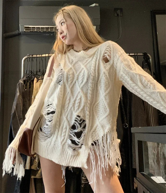 Loose Fitting Torn Knit Sweater white / S