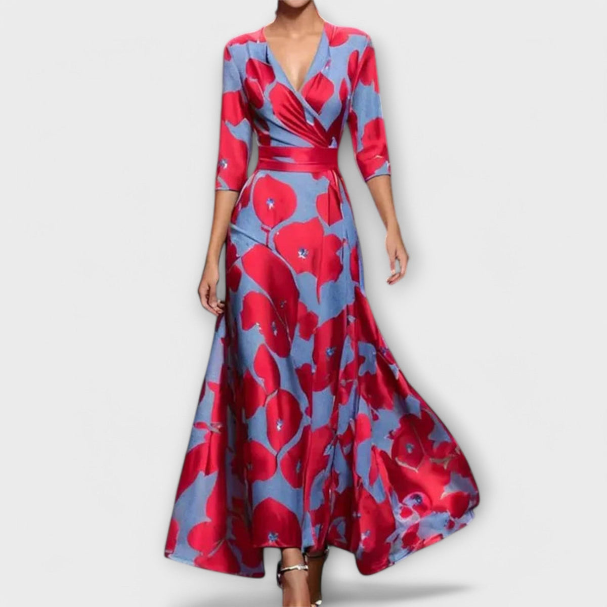 Deep V-Neck Wrap Bodice 3/4 Sleeve Belted A-Line Maxi Dress - View 4