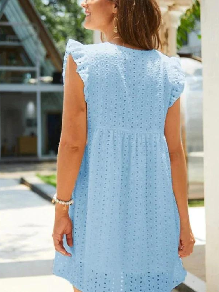 Eyelet Deep V-Neck Ruffle Cap Sleeve Babydoll Mini Summer Dress - View 2