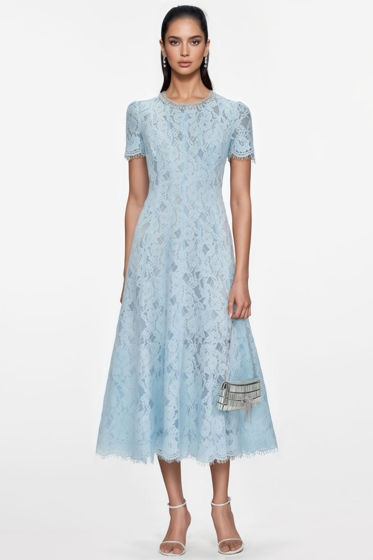 Chantal Blue Lace Embellished Midi Dress