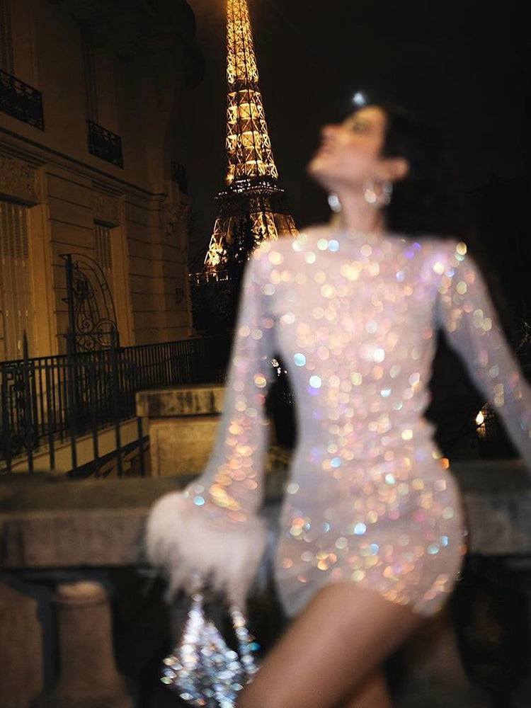 Rhinestone Long Sleeve Feather Cuff Bodycon Mini Party Dress - View 4