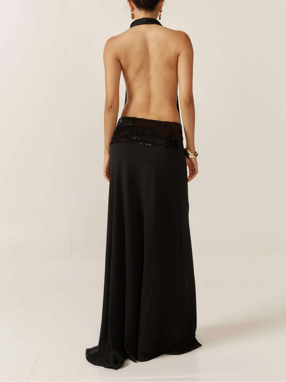 Halter Cowl Neck Backless Sequin Band Dropped Waist Maxi Gown - View 4