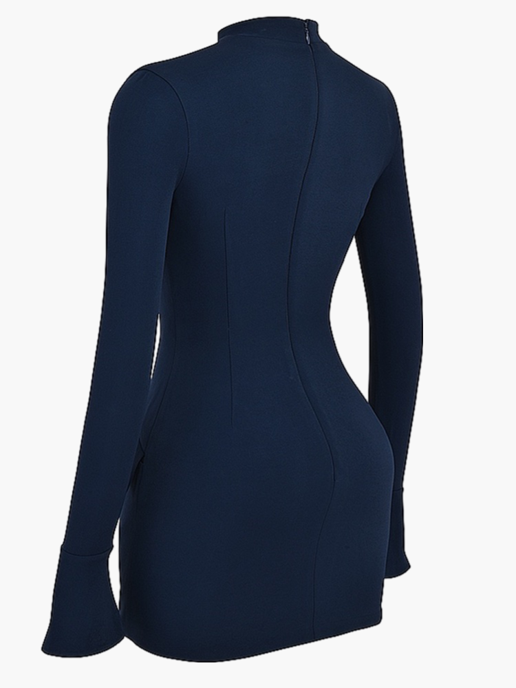 Mock Neck Long Sleeve Bell Cuff Flap Bodycon Mini Cocktail Dress - View 3