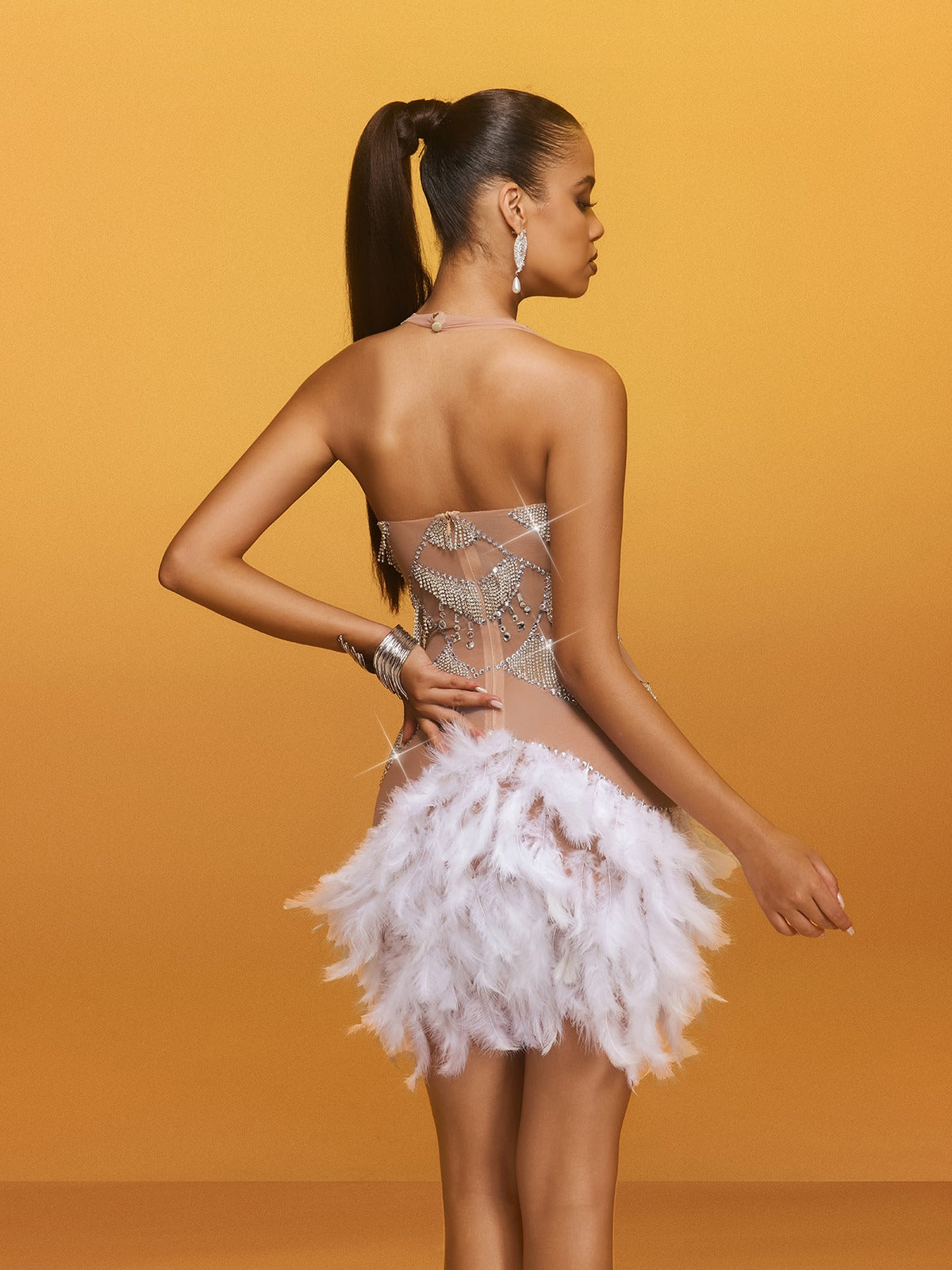 Halter Neck Rhinestone Fringe Feather Trim Mini Dress - View 6
