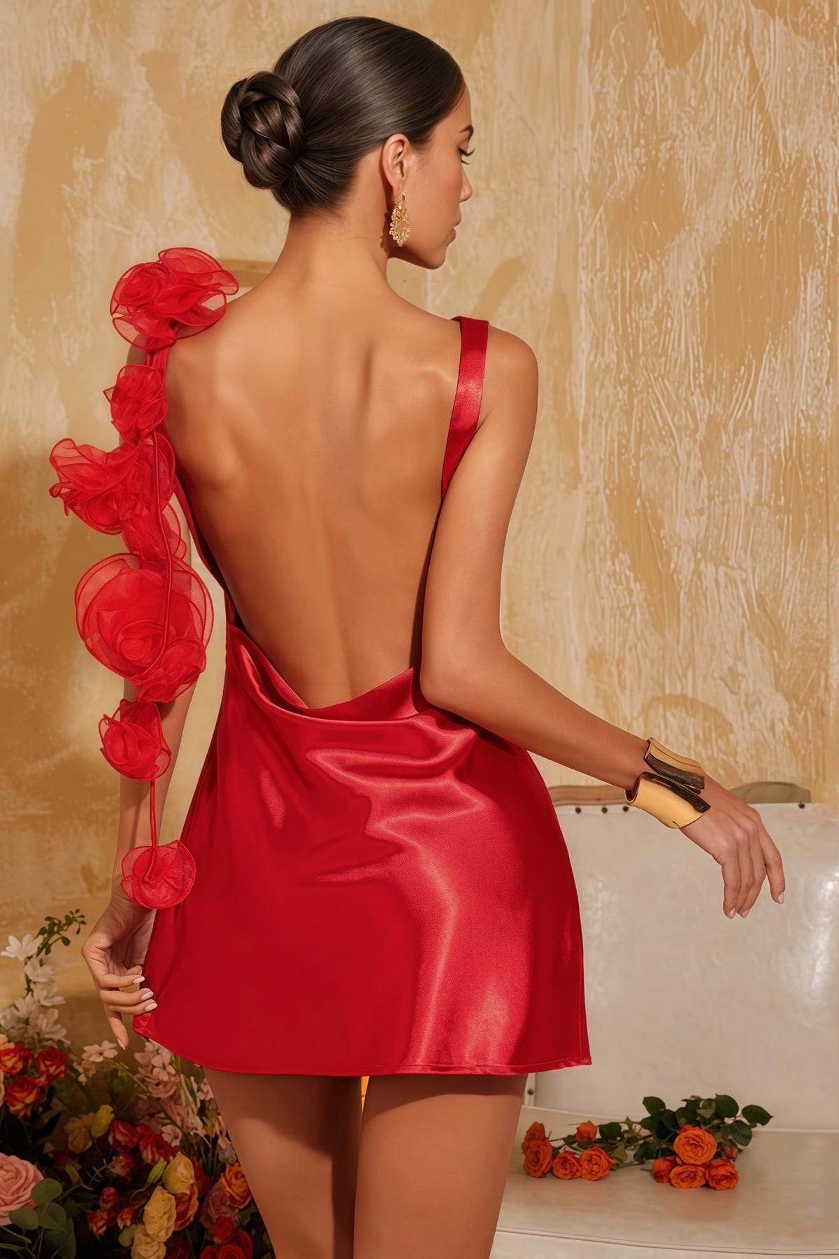 Satin Boat Neck 3D Rose Flower Backless A-Line Mini Dress - View 5
