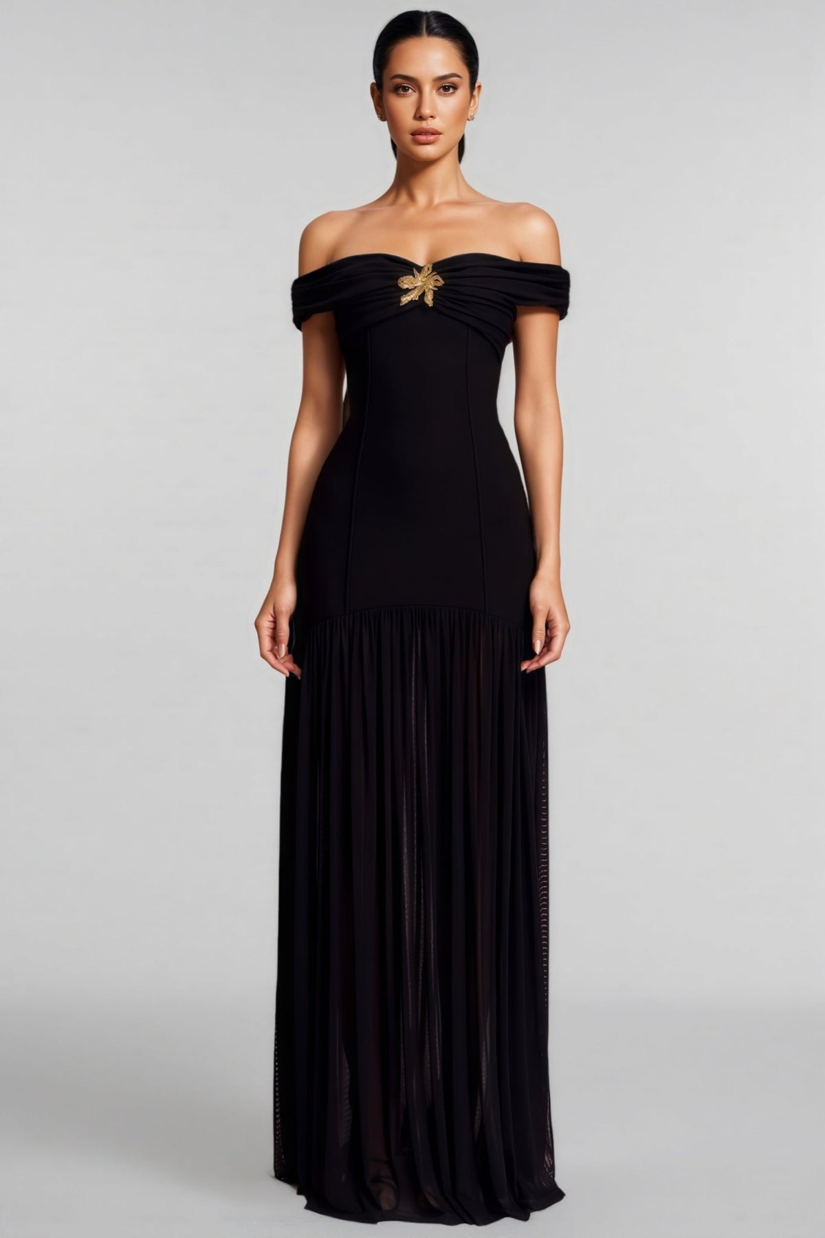 Dravert Black Mesh Backless Pleated Maxi Dress