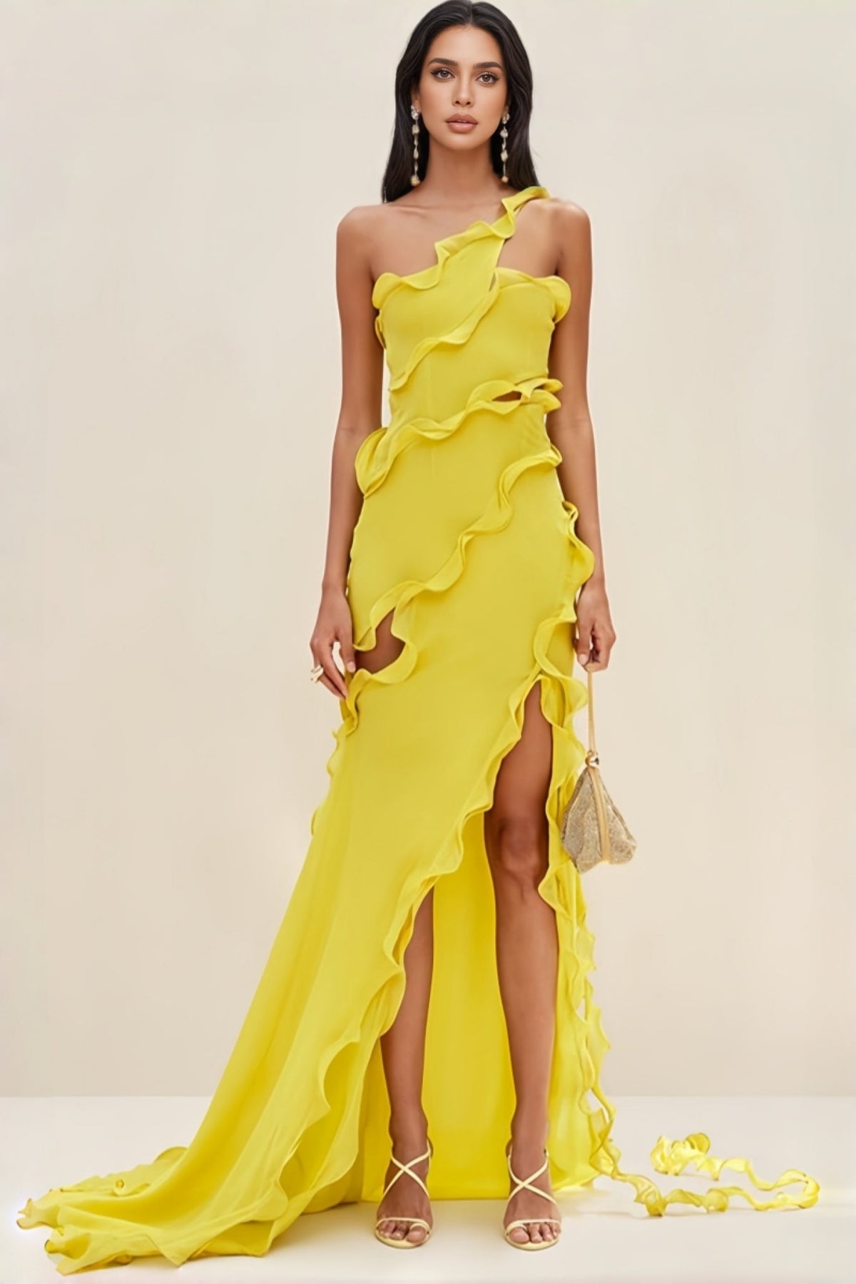 Nyssa Sleeveless Wood Ear Pleated Chiffon Maxi Dress