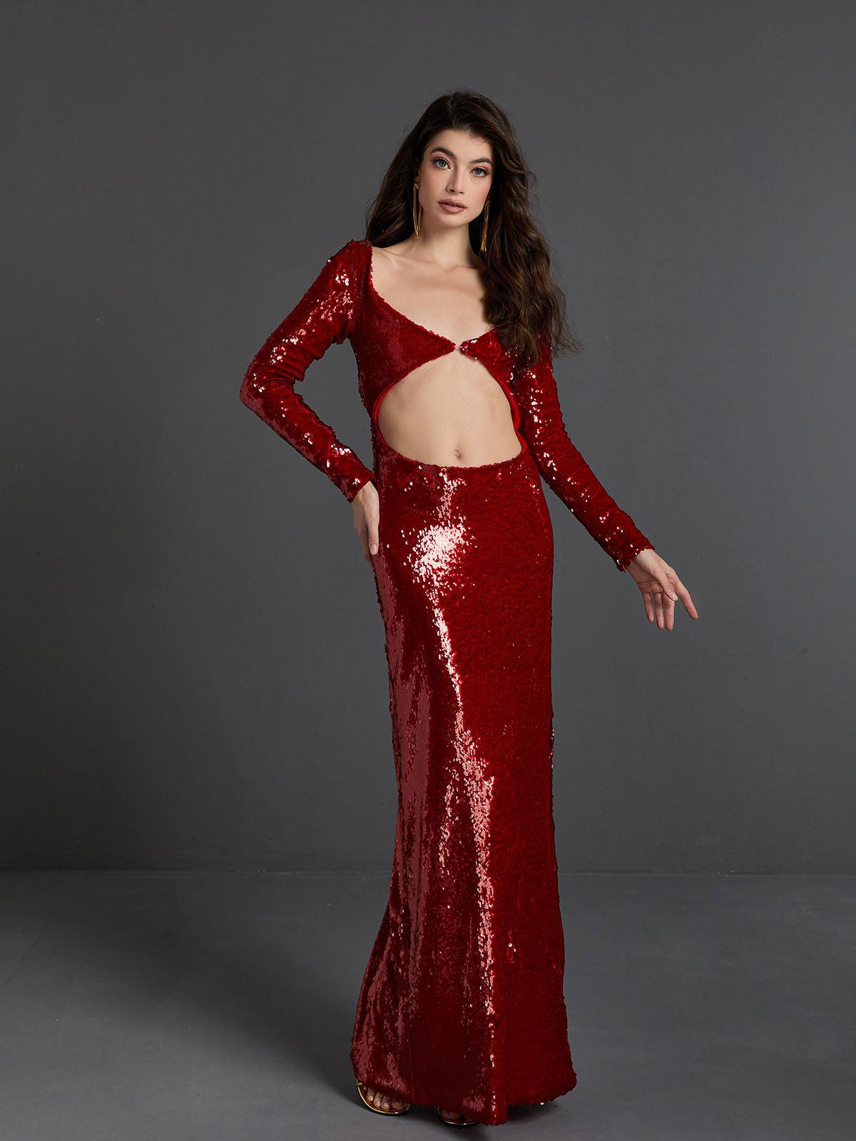 Sequin V-Neck Long Sleeve Backless Bodycon Maxi Dress