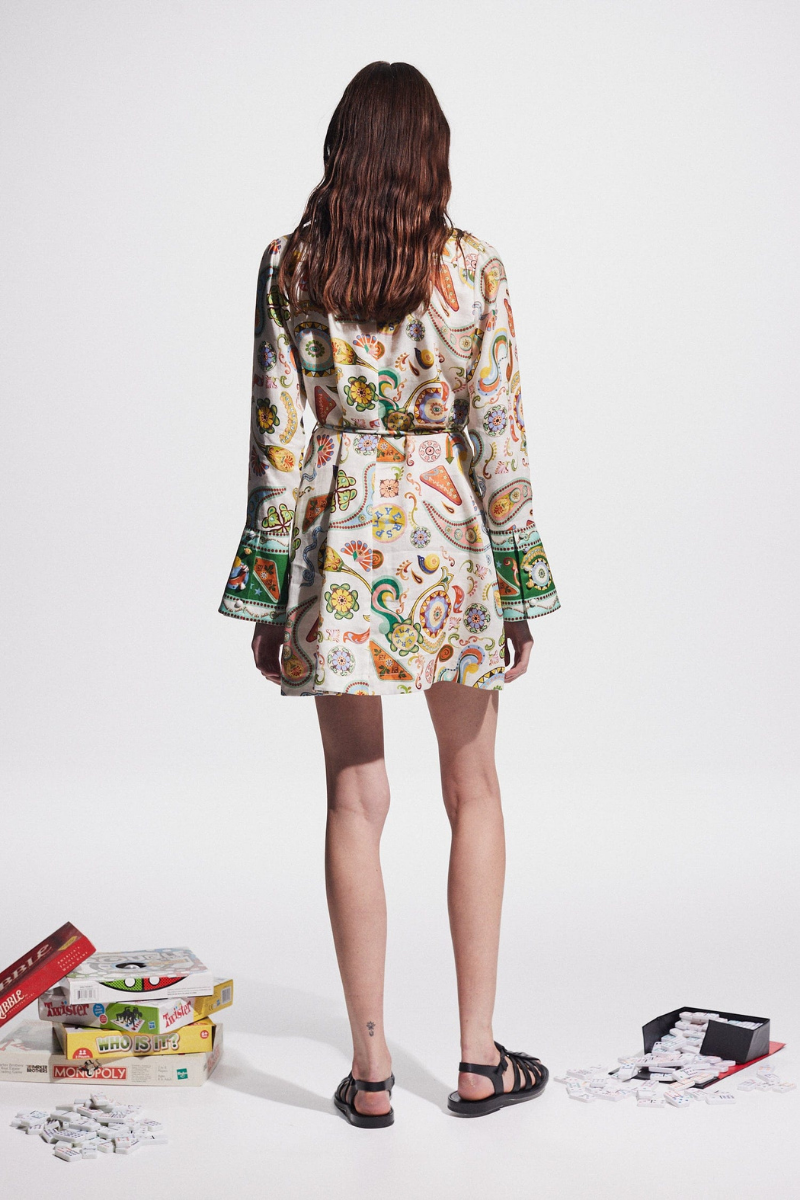 Paisley Collar Long Sleeve Belted Mini Dress - View 2