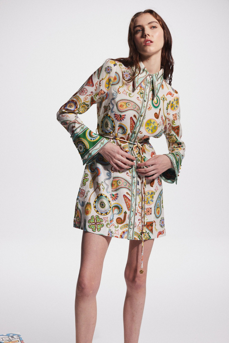 Paisley Collar Long Sleeve Belted Mini Dress - View 3