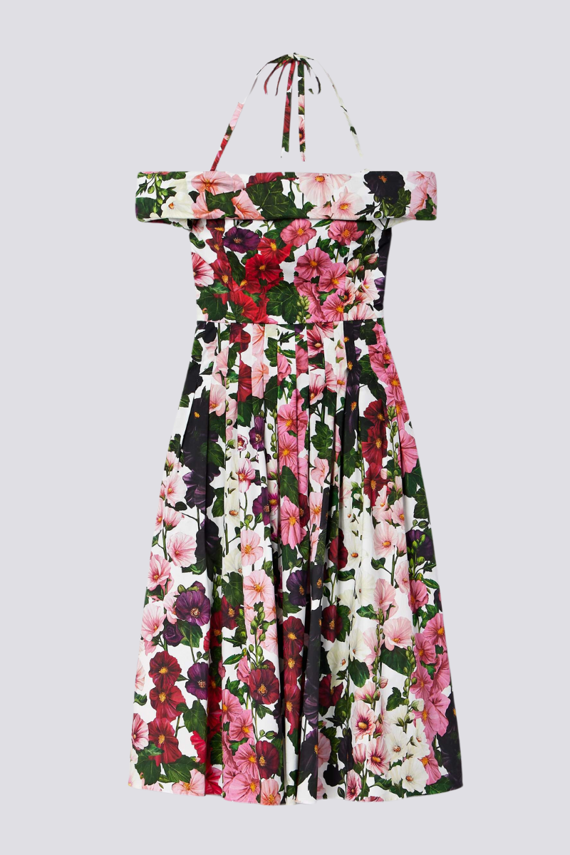 Floral Off Shoulder Halter Neck Fit and Flare Midi Dress - View 2