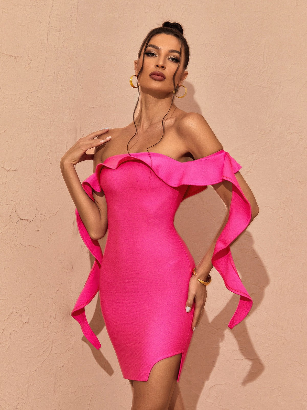 Alivia Off Shoulder Ruffle Bandage Dress In Hot Pink - View 4