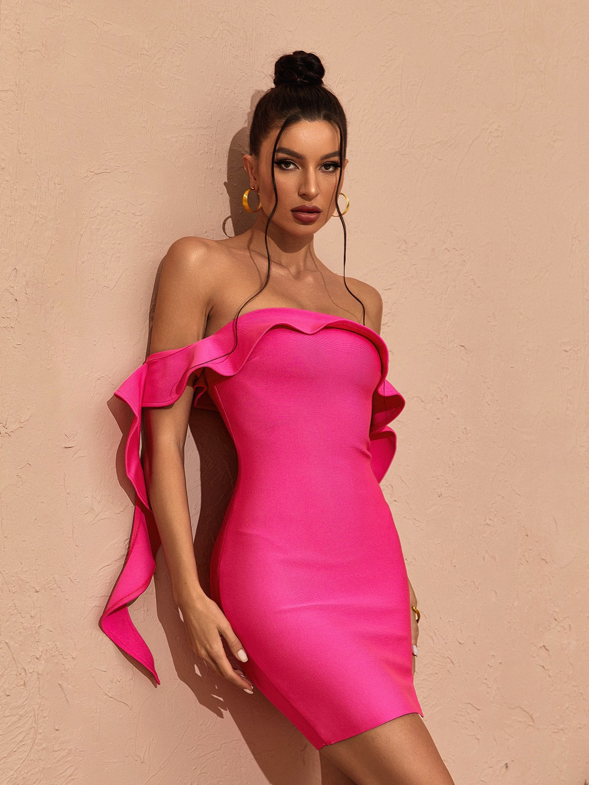 Alivia Off Shoulder Ruffle Bandage Dress In Hot Pink - View 3