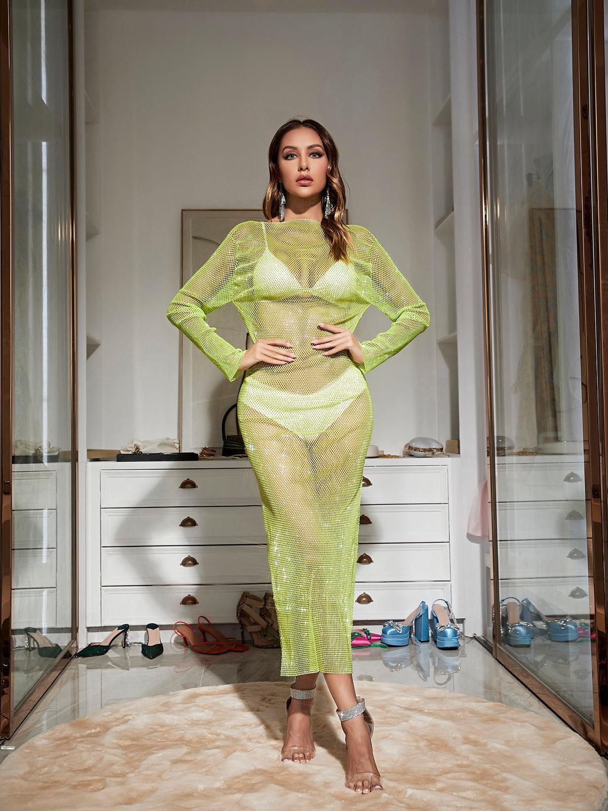 Aliza Long Sleeve Mesh Diamond Maxi Dress In Green - View 2