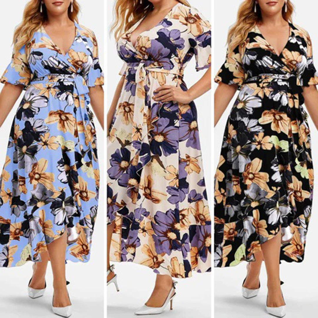 Floral V-Neck Flutter Sleeve Wrap Belted Maxi Dress - View 5