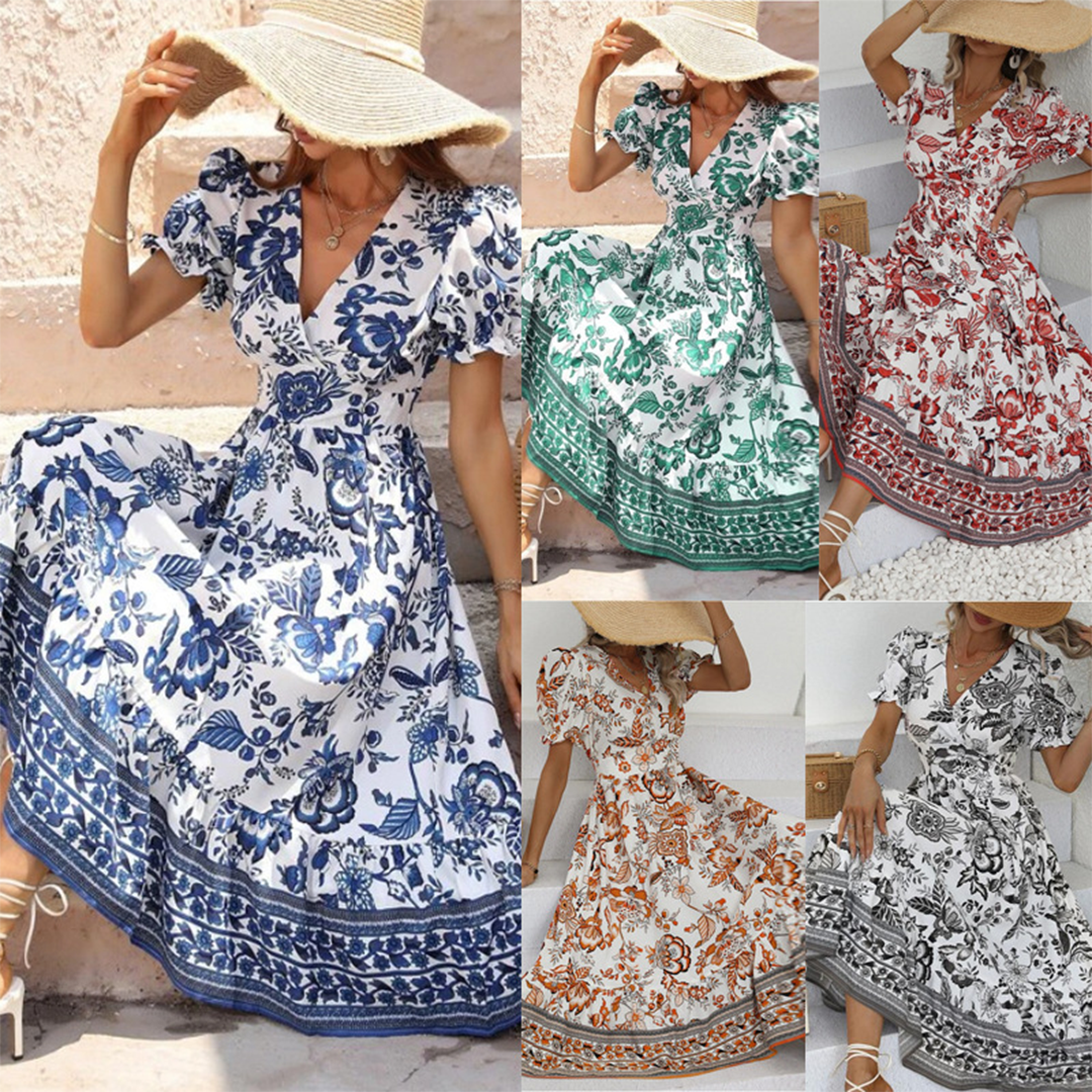Floral Print V-Neck Puff Sleeve Tiered Ruffle Hem Midi Summer Dress - View 2