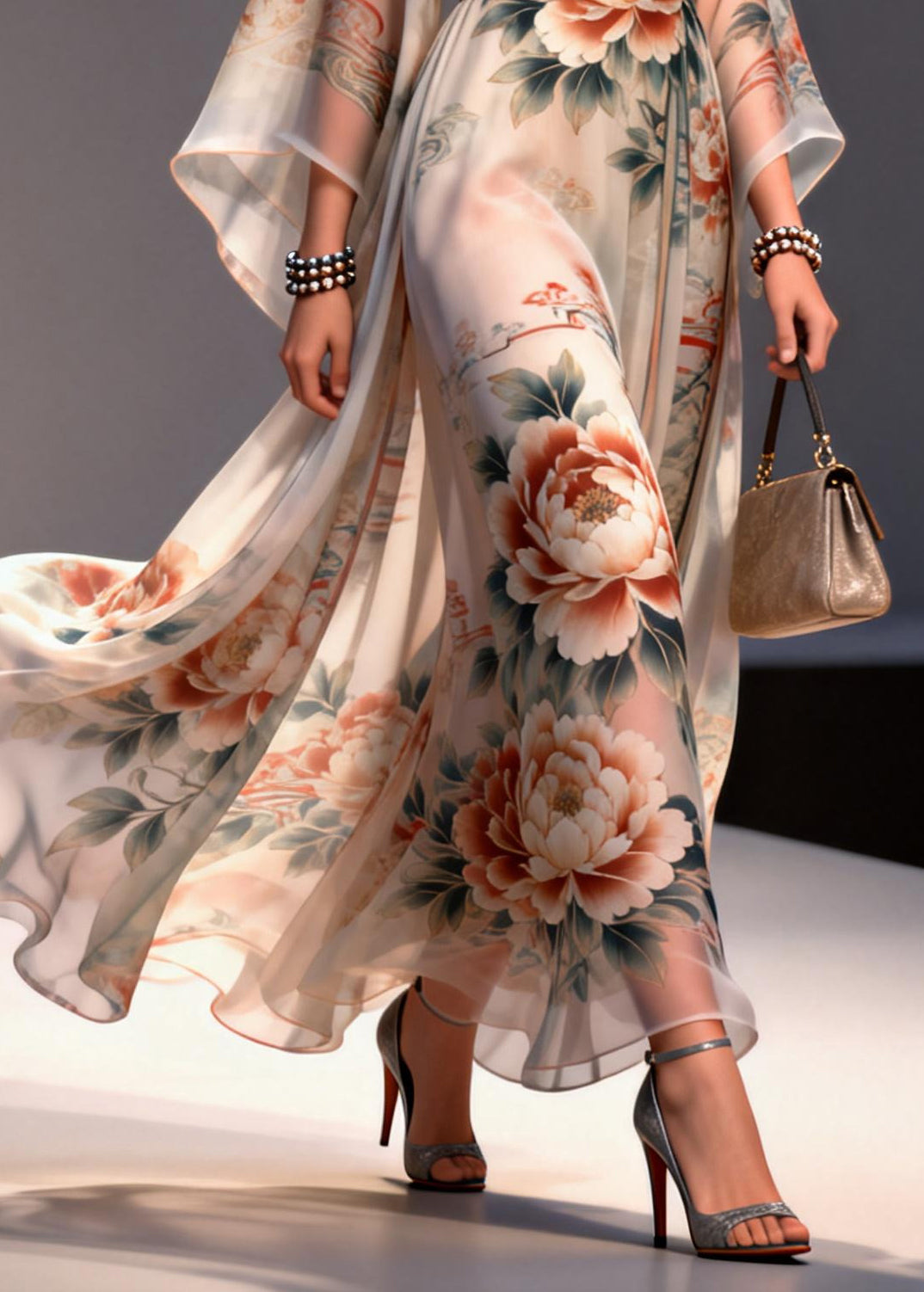 Apricot Floral Print Chiffon Maxi Dresses Exra Large Hem Summer - View 4