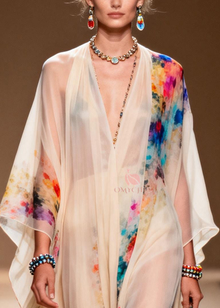 Abstract Print Sheer Chiffon Kaftan Short Two-Piece Set - View 2