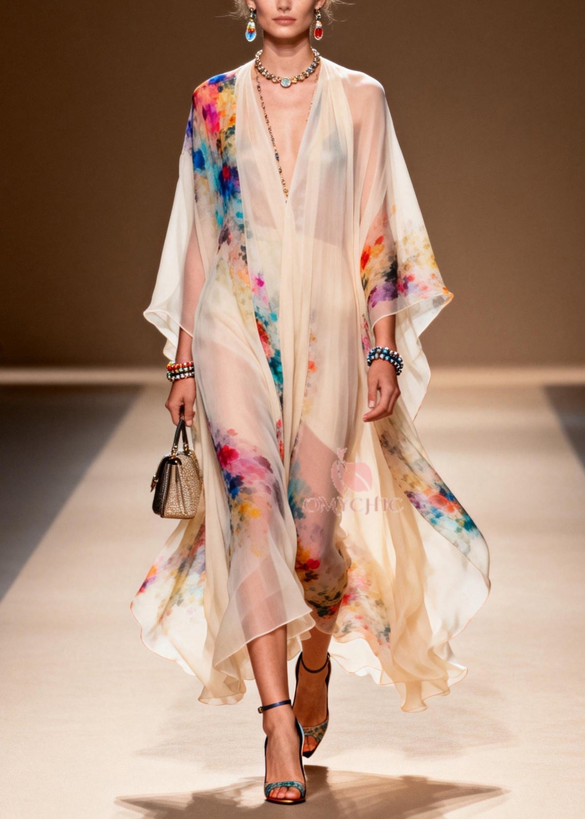 Abstract Print Sheer Chiffon Kaftan Short Two-Piece Set - View 3