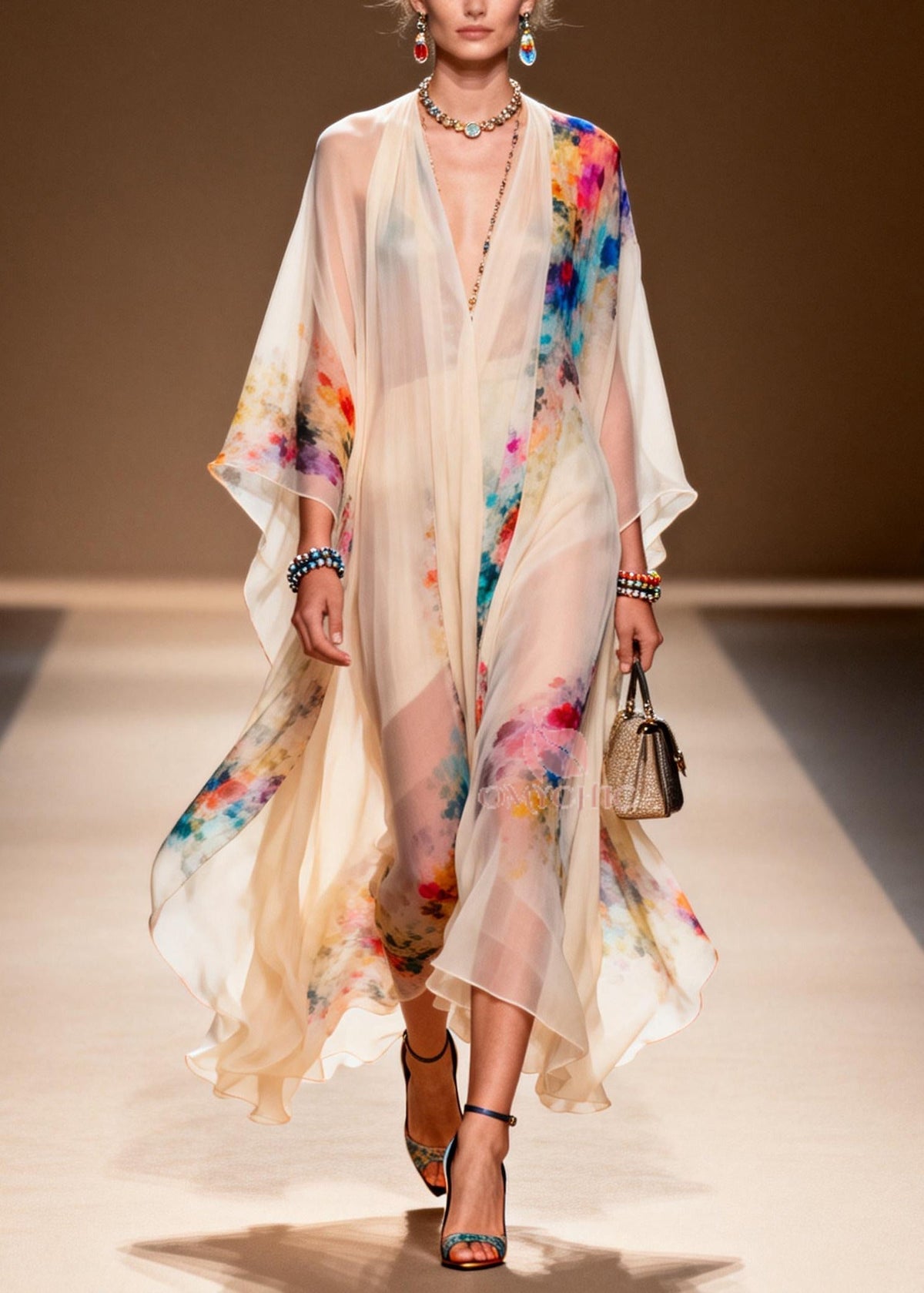 Abstract Print Sheer Chiffon Kaftan Short Two-Piece Set - View 5