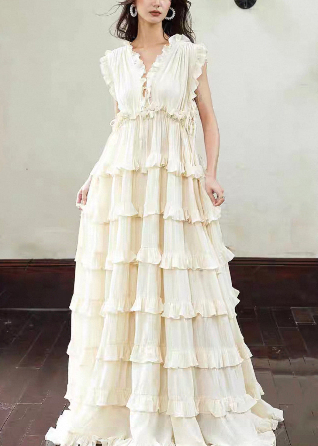 Art Beige Backless Ruffled Lace Up Cotton Long Dress Sleeveless - View 2