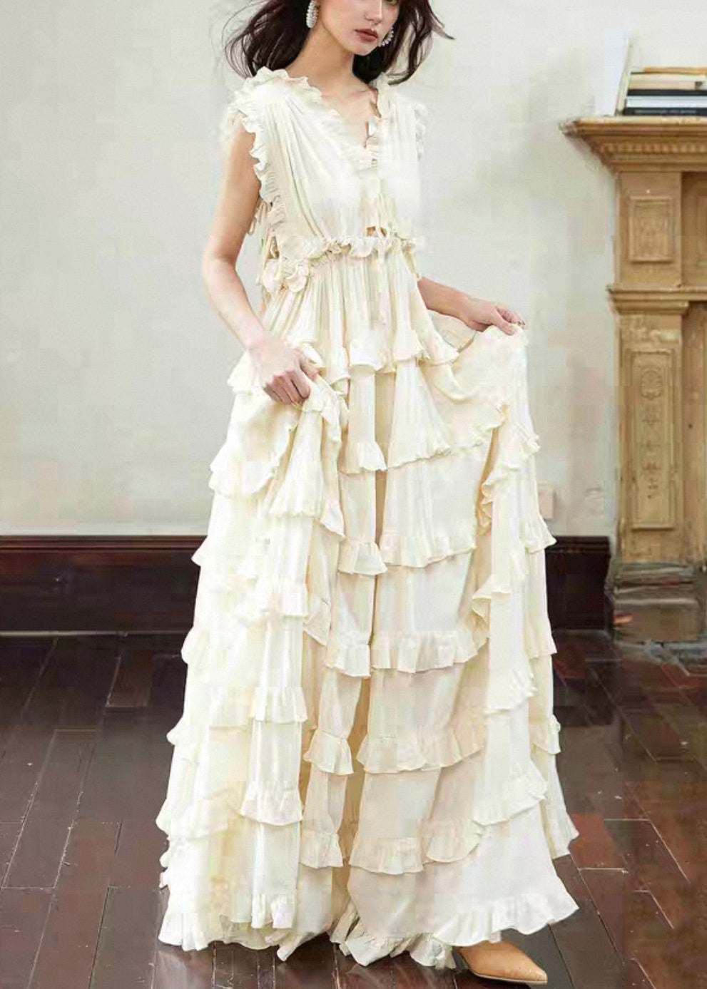 Art Beige Backless Ruffled Lace Up Cotton Long Dress Sleeveless - View 3
