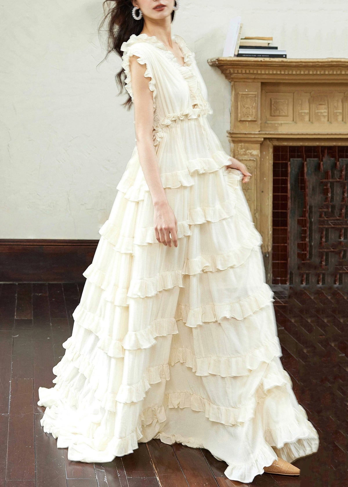 Art Beige Backless Ruffled Lace Up Cotton Long Dress Sleeveless - View 4