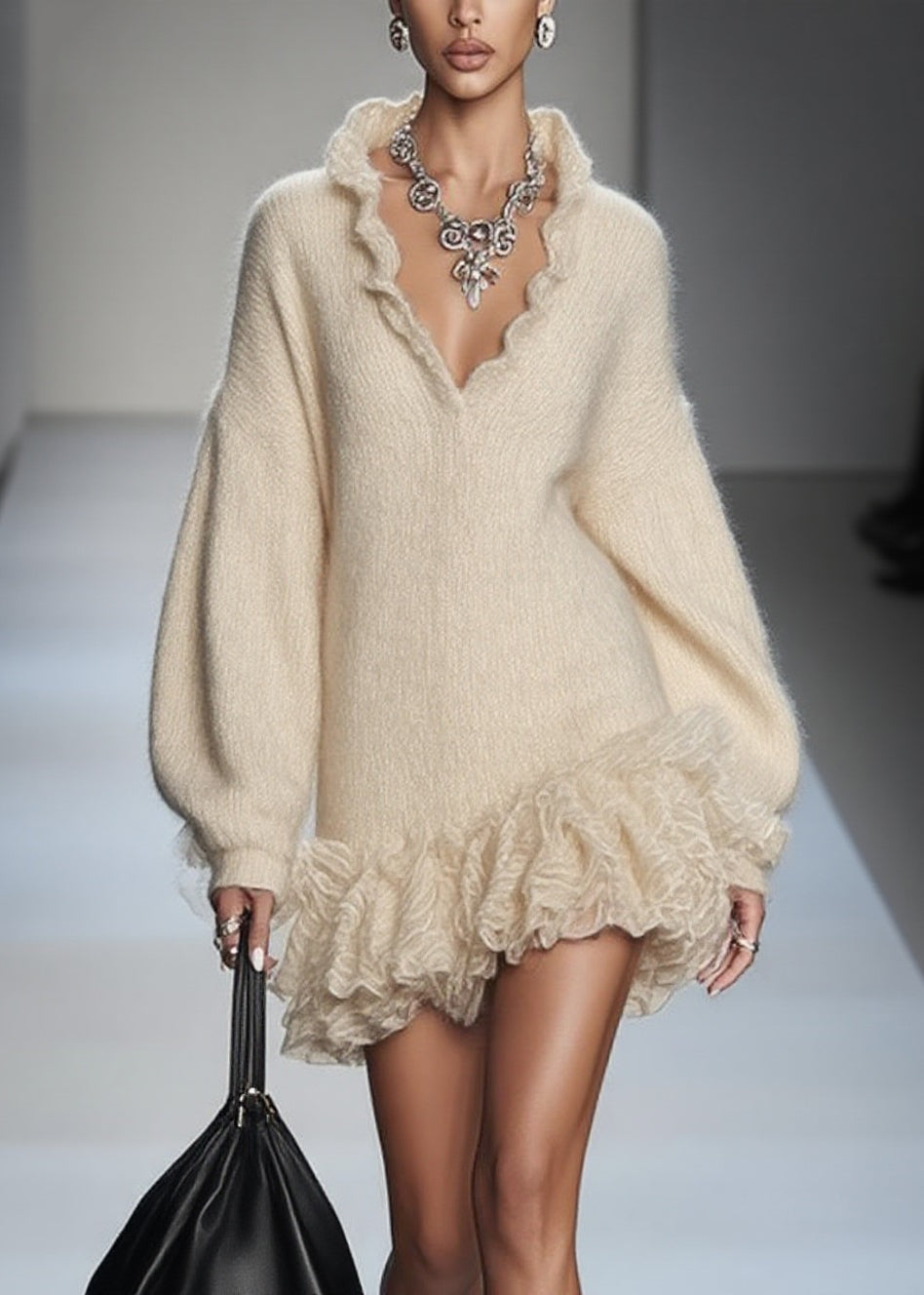 Art Beige V Neck Lace Patchwork Knit Mini Dresses Spring - View 5