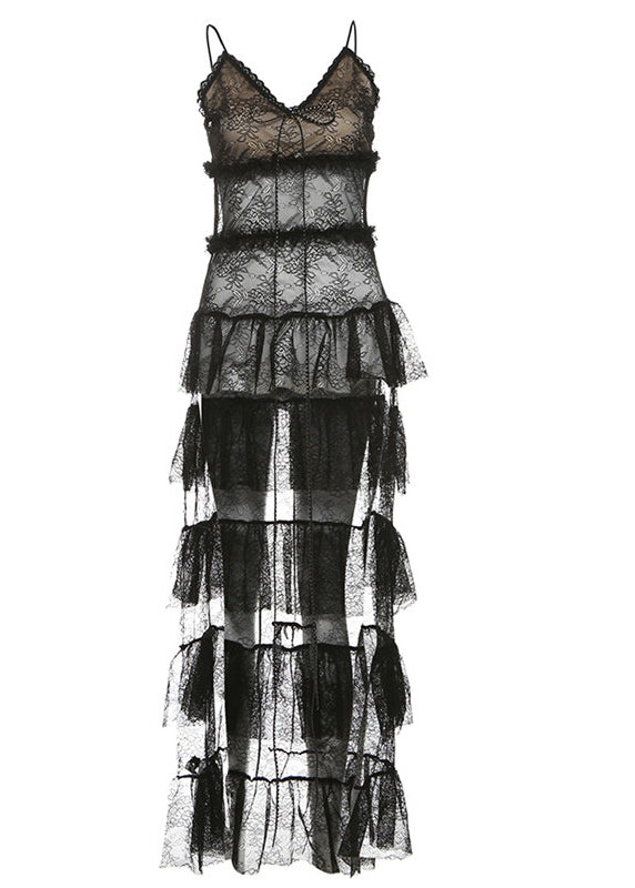 Lace Spaghetti Strap Tiered Ruffle Train High Low Hem Dress - View 5