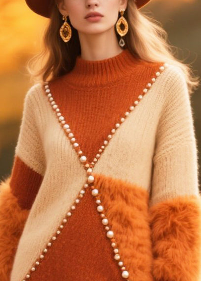 Mock Neck Faux Fur Sleeve Pearl Bead Embellished Knit Mini Dress - View 2