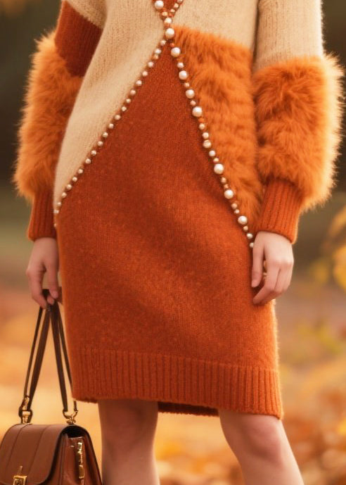 Mock Neck Faux Fur Sleeve Pearl Bead Embellished Knit Mini Dress - View 4