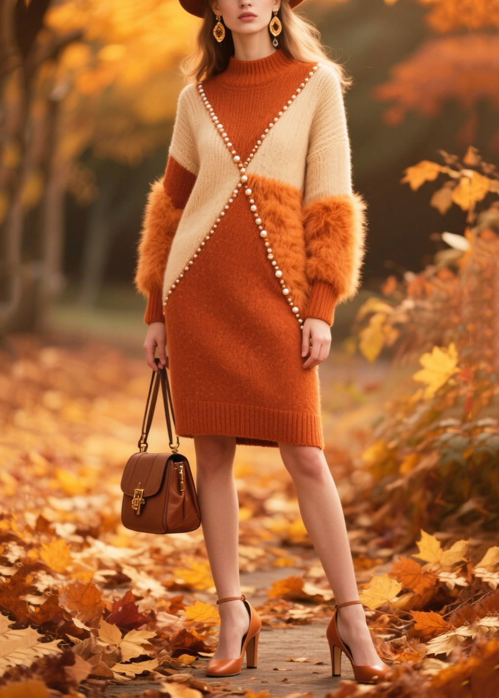 Mock Neck Faux Fur Sleeve Pearl Bead Embellished Knit Mini Dress - View 5
