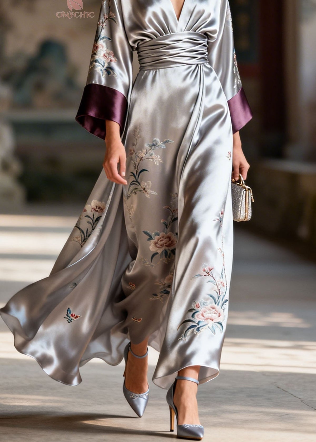 Satin Floral Butterfly Embroidery Deep V-Neck Sleeve Maxi Dress - View 4