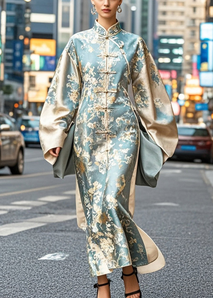 Brocade Mandarin Collar Frog Button Bell Sleeve Maxi Gown - View 3