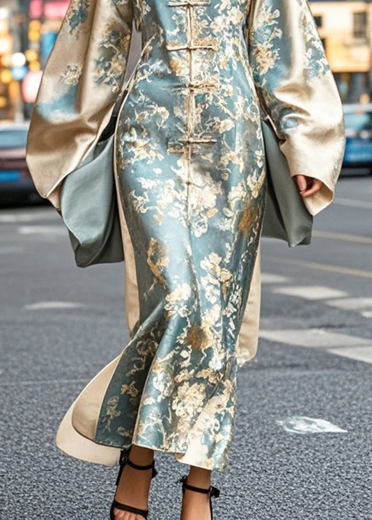 Brocade Mandarin Collar Frog Button Bell Sleeve Maxi Gown - View 4