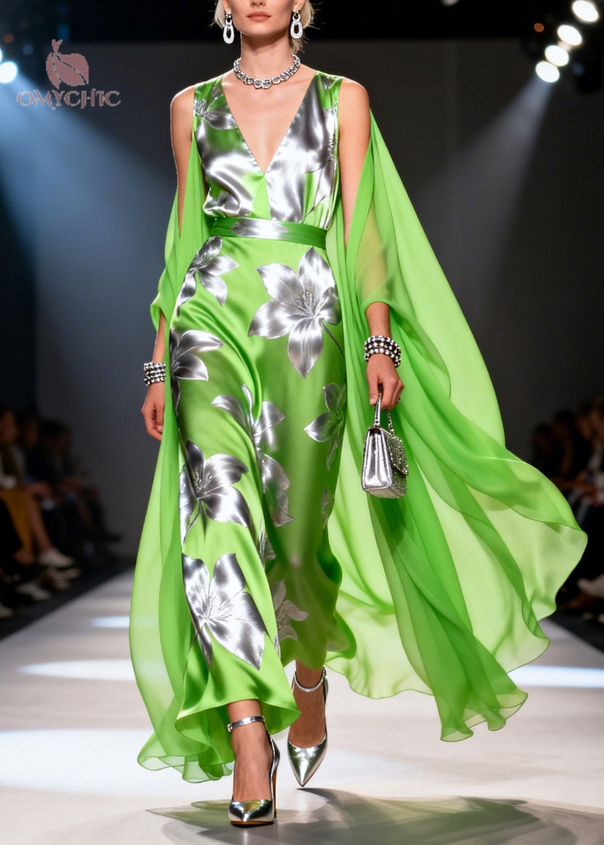 Satin Deep V-Neck Sleeveless Metallic Floral Belted Maxi Gown - View 3
