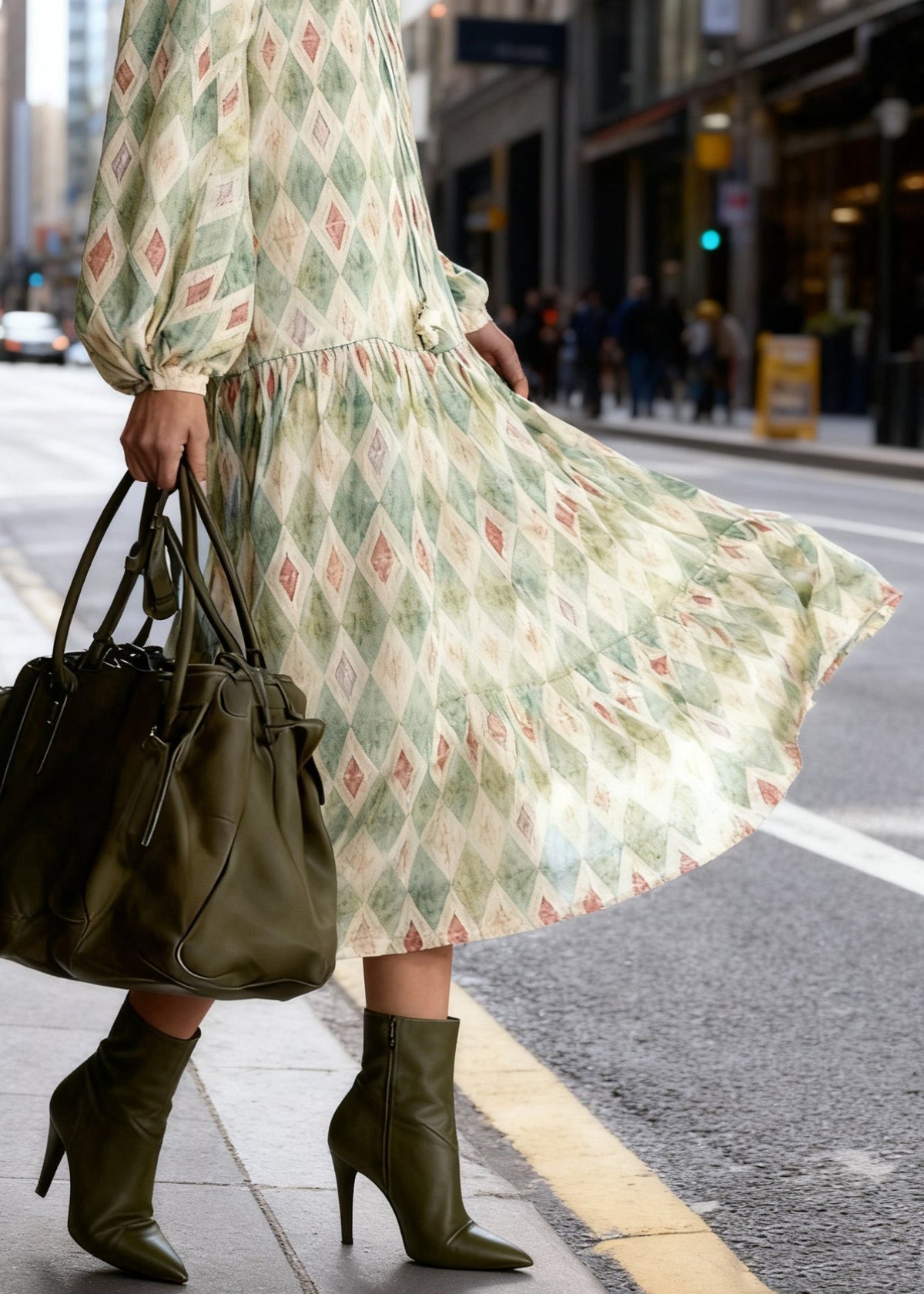 Art Green Ruffled Geometricn Lace Up Long Dress Spring - View 4